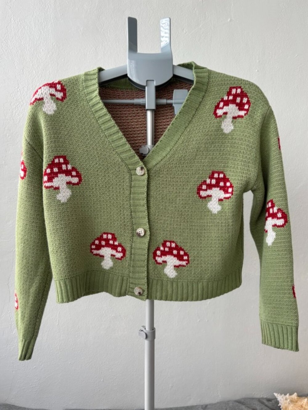 Cottagecore Mushroom Cardigan Womens XS / Kids 11 12Y Crop Green Fairycore